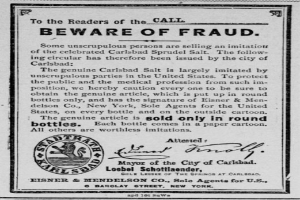 Ein schwarz-weißes Plakat mit einer Betrugswarnung, das den Text 'Carlsbad Spruud Salt' und ein Firmenlogo zeigt.