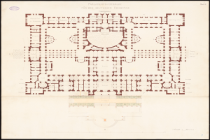 Ein detaillierter Grundrissplan des Reichstagsgebäudes in Berlin, Deutschland, der den kreisförmigen Aufbau des Gebäudes, einschließlich Räume, Flure, Fenster und Türen, mit begleitendem Text, der weitere Informationen bereitstellt.