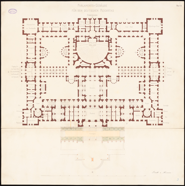 Ein detaillierter Grundrissplan des Reichstagsgebäudes in Berlin, Deutschland, der den kreisförmigen Aufbau des Gebäudes, einschließlich Räume, Flure, Fenster und Türen, mit begleitendem Text, der weitere Informationen bereitstellt.