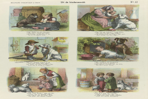 Ein Buchseite mit Kindern in bunter Kleidung, verschiedenen Hunderassen und kursivem Text innerhalb eines verzierten Rahmens.