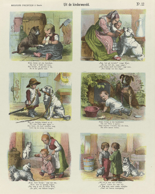 Ein Buchseite mit Kindern in bunter Kleidung, verschiedenen Hunderassen und kursivem Text innerhalb eines verzierten Rahmens.