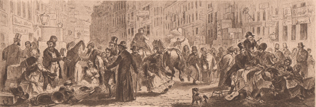 Eine belebte viktorianische Straßenszene in London mit Menschen in historischer Kleidung, die an Gebäuden vorbeigehen.