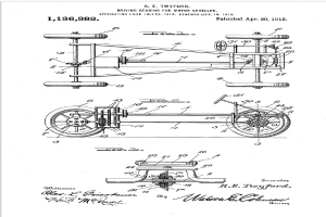 Ein Schwarz-Weiß-Patentzeichnung eines frühen 20. Jahrhundert-Autos mit einem Lenkrad und Mechanismus, begleitet von beschreibendem Text auf dem Papier.