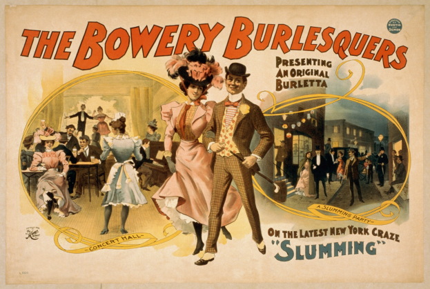 Plakat für "The Bowery Burlesquers" mit einer Gruppe von Tänzerinnen und Tänzern vor Gebäuden und Text auf dem Plakat.