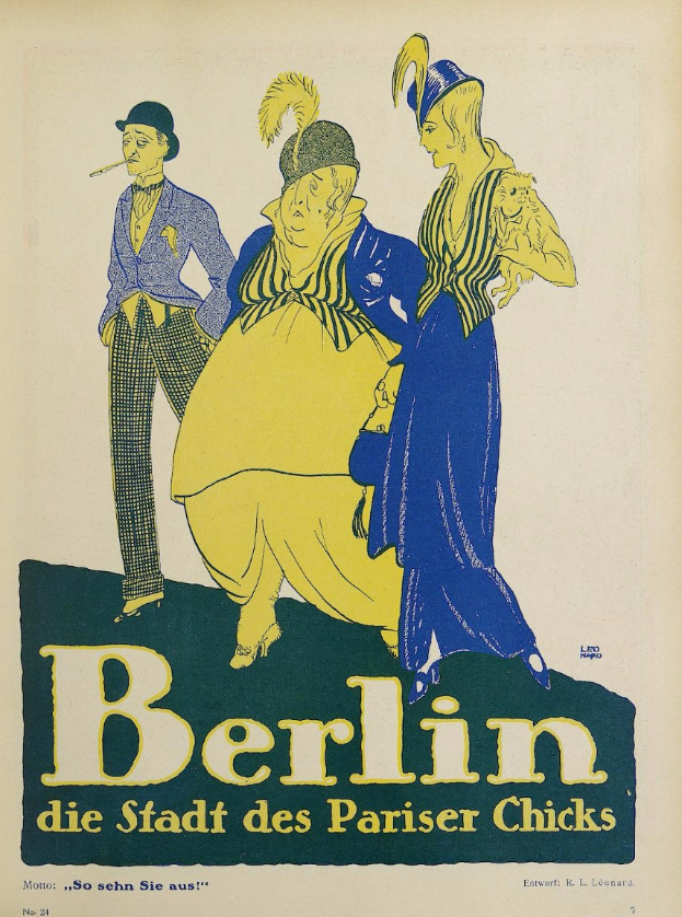 Plakat für ein Konzert in Berlin, Deutschland, das Menschen in bunter Kleidung vor einem Gebäude mit dem Text "Berlin - Die Stadt des Pariser Chicks" zeigt.