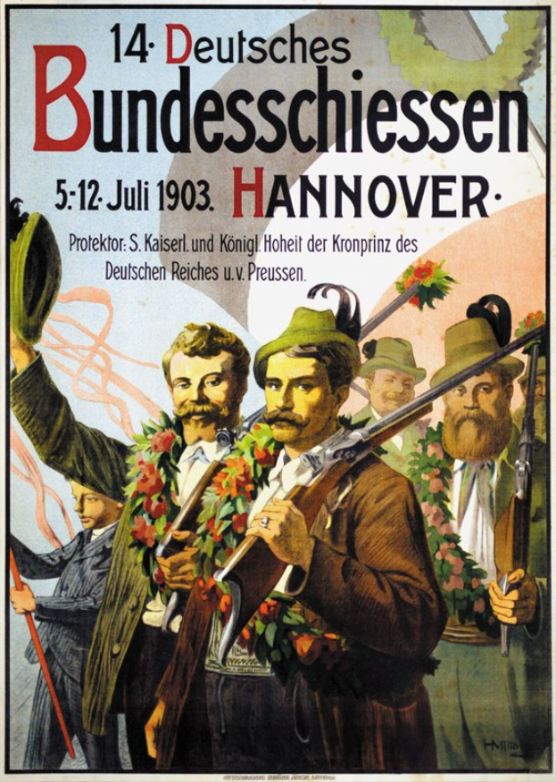 Deutsches Weltkriegs-Propagandaplakat, das eine Gruppe von Menschen mit Kränzen und Gewehren zeigt, mit Text oben und unten.