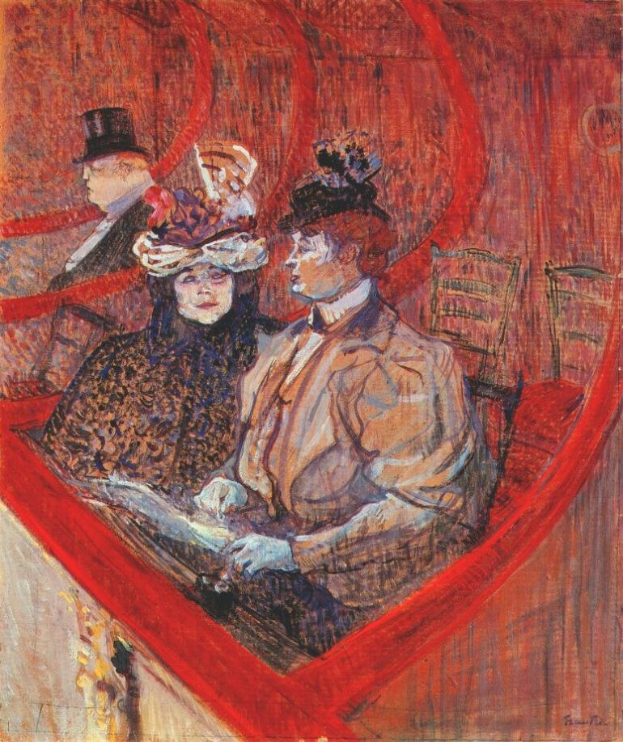 Gemälde mit dem Titel "Die Oper" von Edouard Manet, das zwei formell gekleidete Personen an einem Tisch sitzend und eine stehende Person im Hintergrund zeigt, in einem Raum mit gemustertem Tapeten, einem großen Fenster mit Blick auf eine Stadt Silhouette und gedämpften blauen und grauen Wänden.