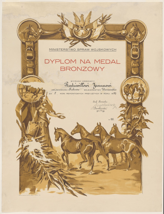 Ein Plakat, das eine Gruppe von Pferden zeigt, die in einem Feld bei Sonnenuntergang galoppieren, mit dem Text "Dyplom na Medal Bronzowy", wahrscheinlich um eine Medaillenverleihung anzukündigen.