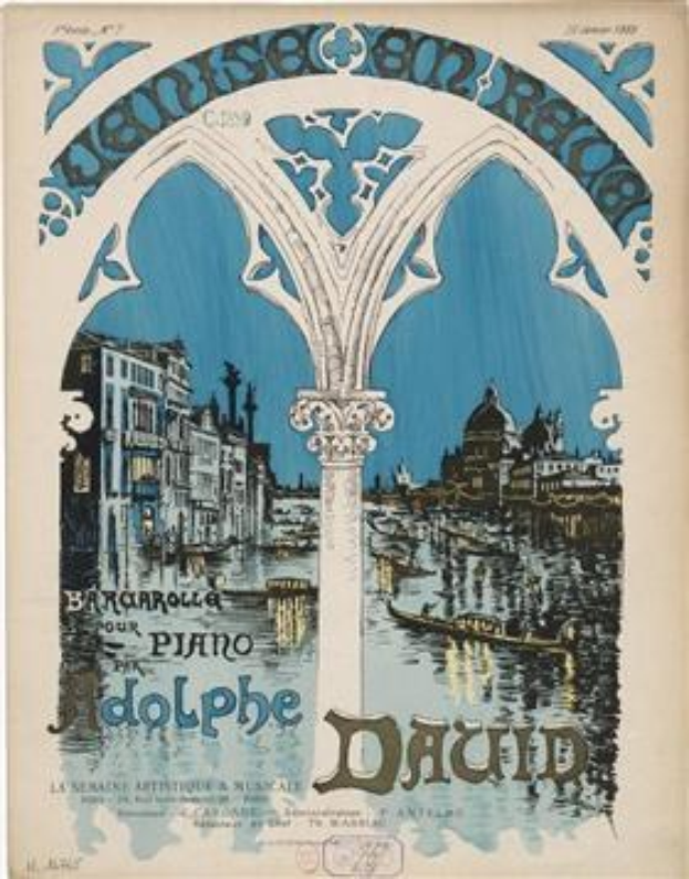 Plakatankündigung eines Klavierkonzerts in Venedig, Italien, mit einer Illustration von Gebäuden, Wasser und einer Säule mit Text.