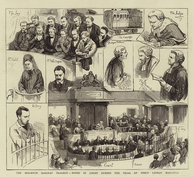 Schwarzes und weißes Gerichtsszenario mit einer Gruppe sitzender Menschen, einer Person mit einem Buch in der Hand und einem Zug im Hintergrund, betitelt "The Brighton Railway Tragedy - Notes in Court During the Trial of Percy Leffroy Mapleton" unten.