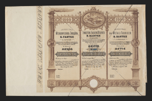 Ein altes Aktienzertifikat mit einem Porträt eines Mannes vor einem schwarzen Hintergrund, das gedruckten Text enthält, der den Nennwert angibt.