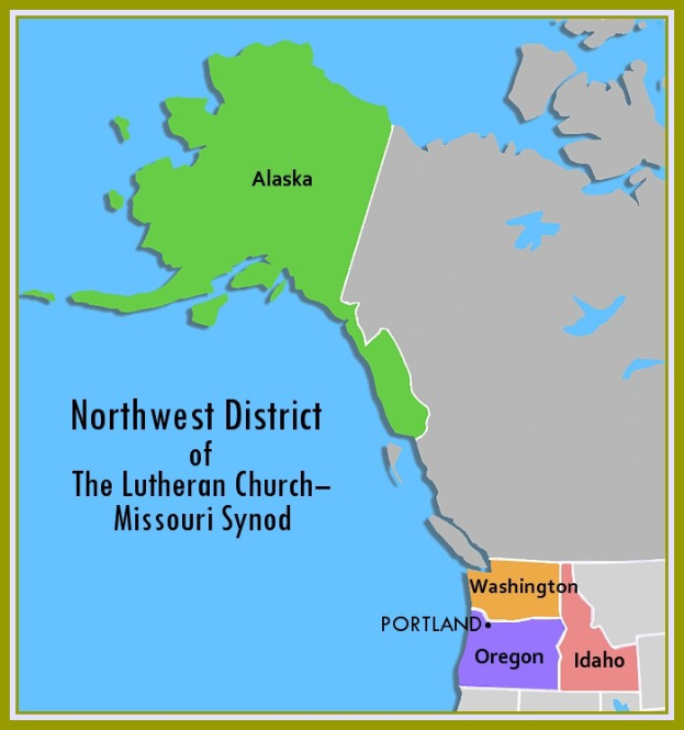 Detailierte Karte des Nordwest-Distrikts der Lutheranischen Kirche - Missouri Synode, zeigt Kirchenkreise und Umgebung mit erklärendem Text.