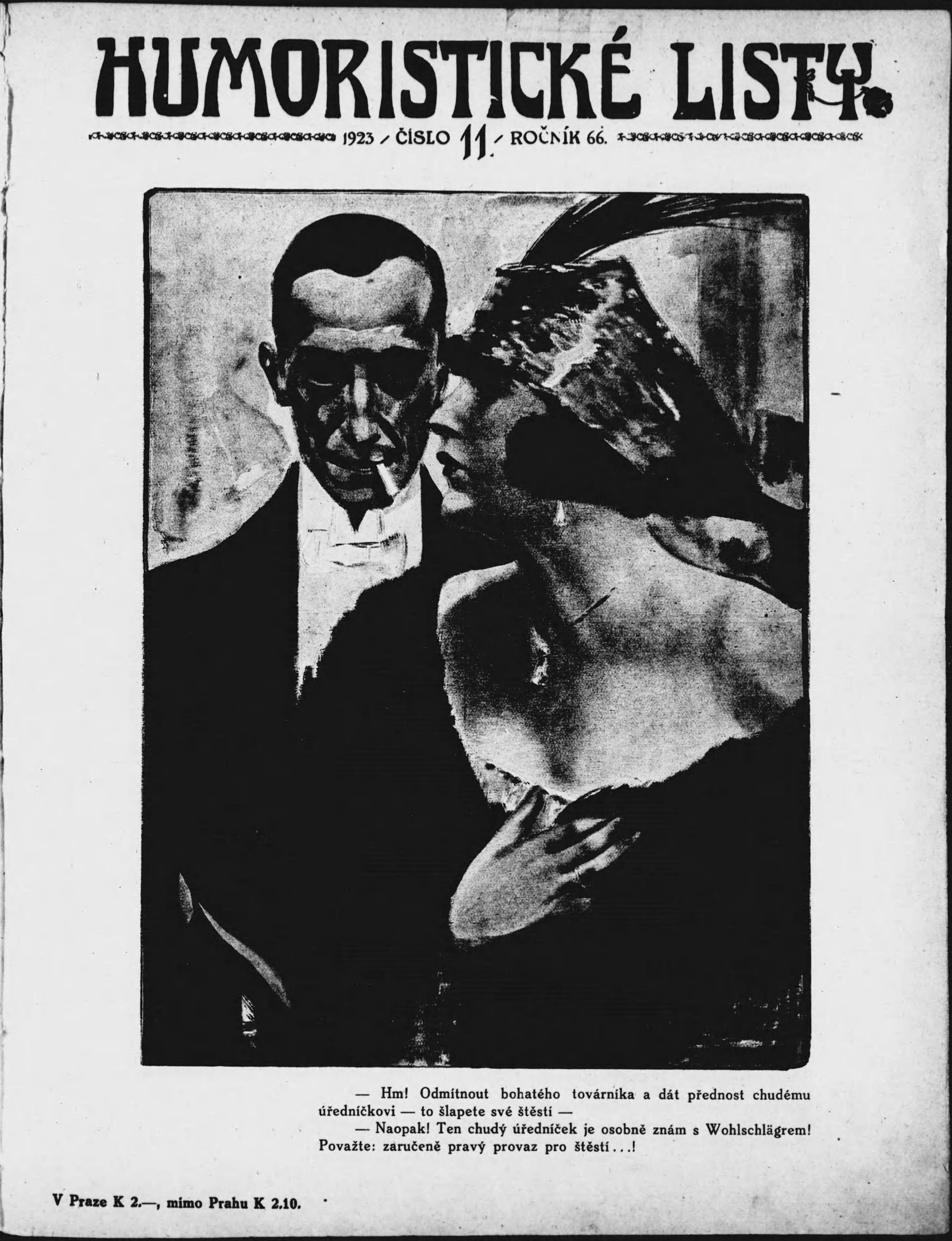 Schwarze und weiße Zeitschriftentitel 'Humoristische Liste' mit einem Mann im Anzug mit ernster Miene und einer Frau, die verschmitzt in die andere Richtung schaut.