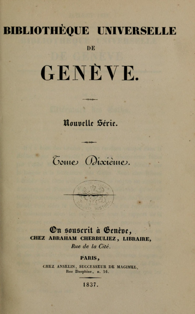 Altes Buch mit dem Titel "Bibliothèque Universelle de Geneve" aufgeschlagen