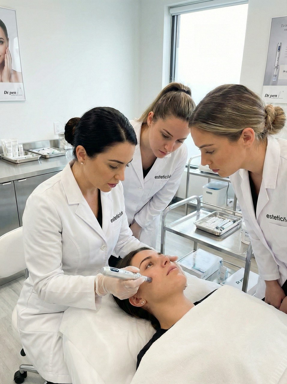 Eine minimalistisch gestaltete Kosmetikpraxis: Drei Fachkräfte in weißen Laborkitteln führen konzentriert eine professionelle Gesichtsbehandlung durch. Die Atmosphäre strahlt Präzision, Expertise und den Einsatz modernster Hautpflege-Methoden in einer klinisch reinen Umgebung aus.