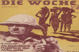 Deutsches Propagandaplakat aus dem Zweiten Weltkrieg, das einen Mann mit Hut zeigt, der zu einer Gruppe von Menschen spricht, mit Texten zur Förderung von Kriegsinformationen.