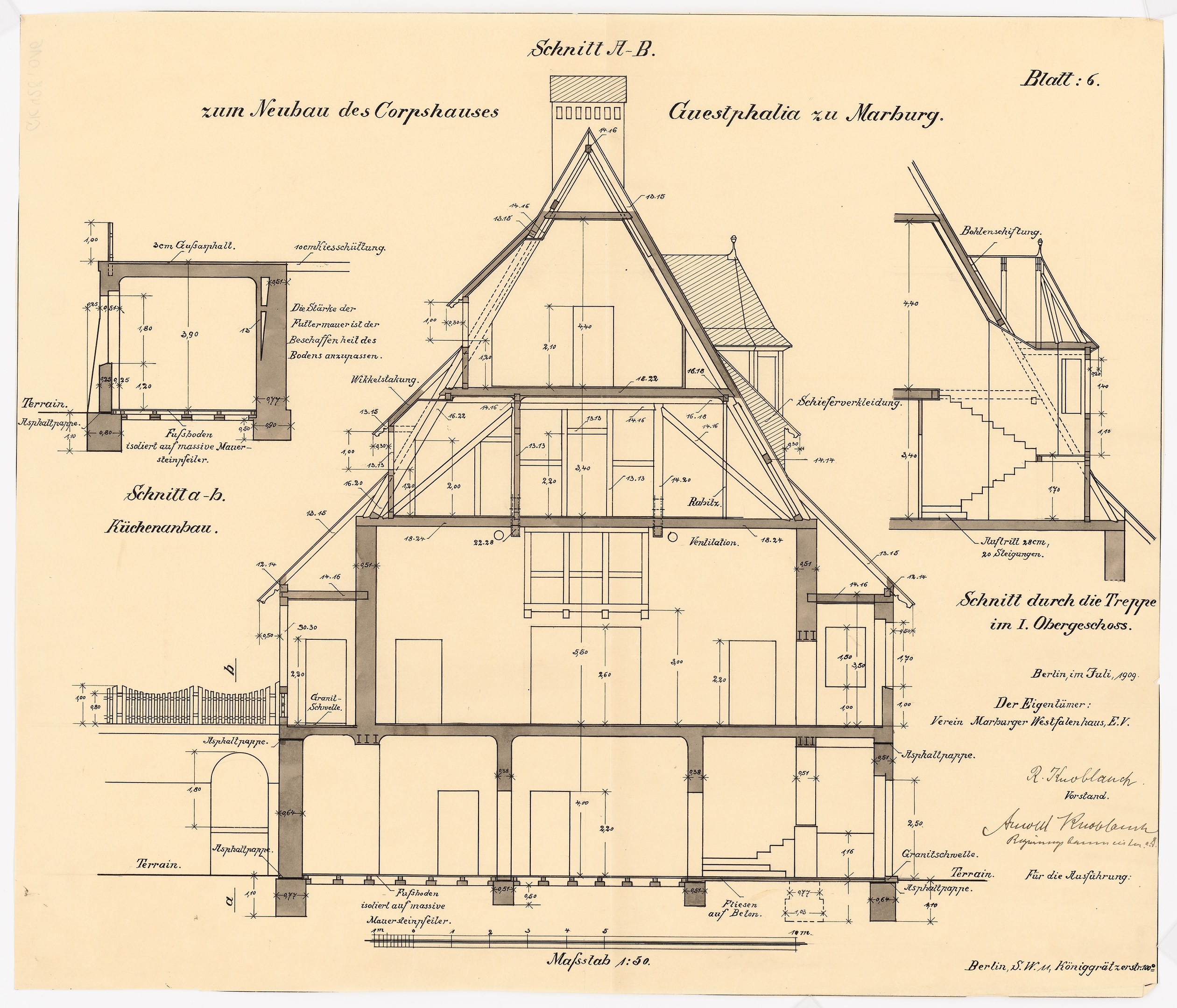 Ein detailliertes architektonisches Zeichnung eines historischen Hauses mit zahlreichen Fenstern und einem Dach, das als erstes Haus in Deutschland gilt, begleitet von Bauplänen und Text.