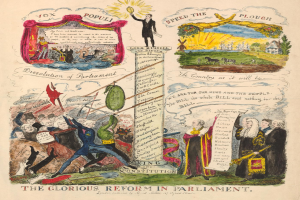 Ein buntes Papier mit fetter Schrift und Bildern von verschiedenen, lachenden Menschen, das eine Parlamentsreform mit Hoffnung und Optimismus darstellt.