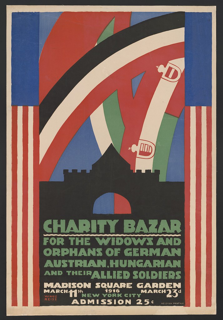 Plakat für den Wohltätigkeitsbasar zugunsten der Witwen und Waisen deutscher, australischer, ungarischer und alliierter Soldaten mit Veranstaltungseinzelheiten im Text.