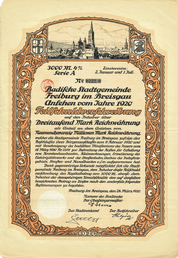 Altes deutsches Aktienzertifikat mit einer Stadtansicht und Text zur Herkunft.