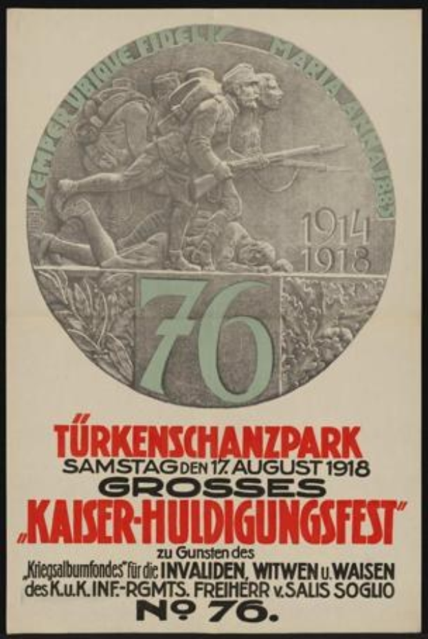 Plakat zur 70-j├Ąhrigen Jubil├Ąumsfeier des Kaiser-Huldigungsfests in Berlin, Deutschland, mit einer Gruppe von Menschen umgeben von Text und Zahlen in einem Rahmen.