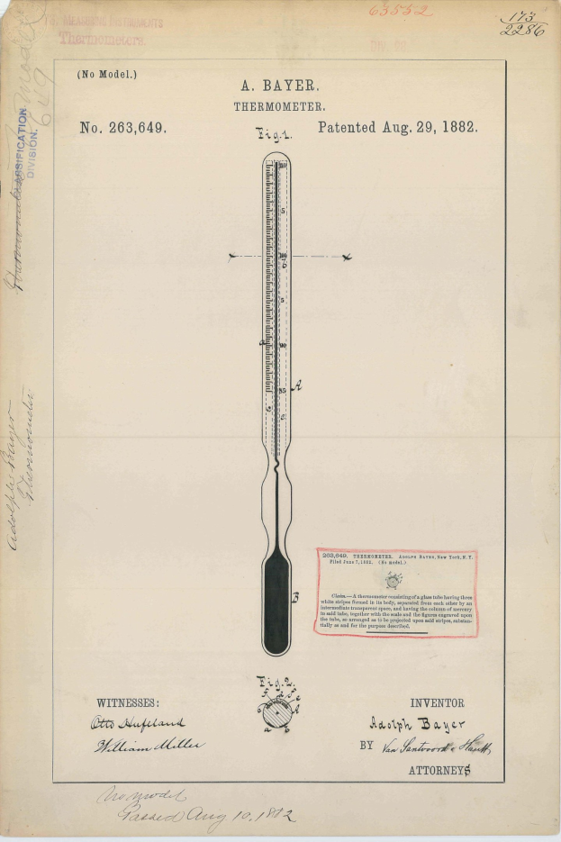 Ein altes Buch mit einer Zeichnung eines "Bayer Thermometers" beschriftet mit Patent Nr. 263,649.