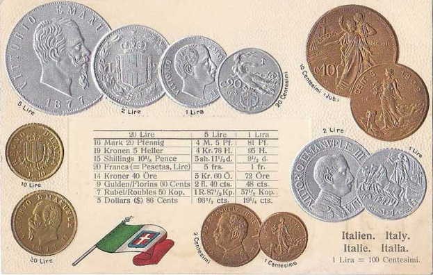 Eine Sammlung italienischer Münzen von 1877-1910, darunter mehrere 20-Lire-Münzen, auf Papier mit italienischen Flaggen am unteren Rand angeordnet.