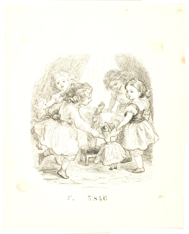 Eine Zeichnung von spielenden Kindern mit einem menschlichen Gesicht in der Mitte auf einem Blatt Papier mit Text.