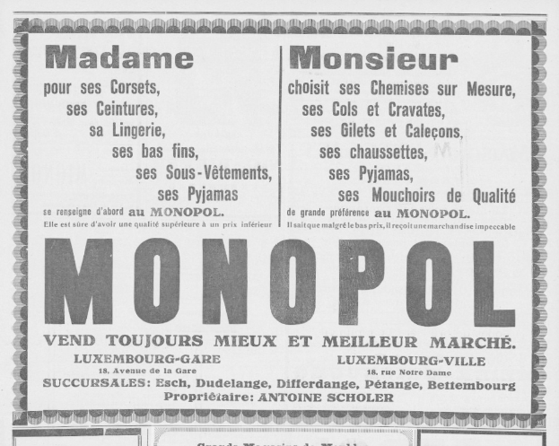 Schwarze und weiße Zeitungsanzeige für das Monopoly Brettspiel mit Text, der seine Funktionen beschreibt.