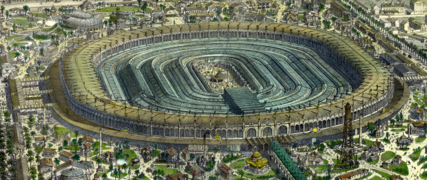 Luftaufnahme eines großen Stadions in einer städtischen Umgebung, umgeben von Gebäuden, Bäumen und Gras.