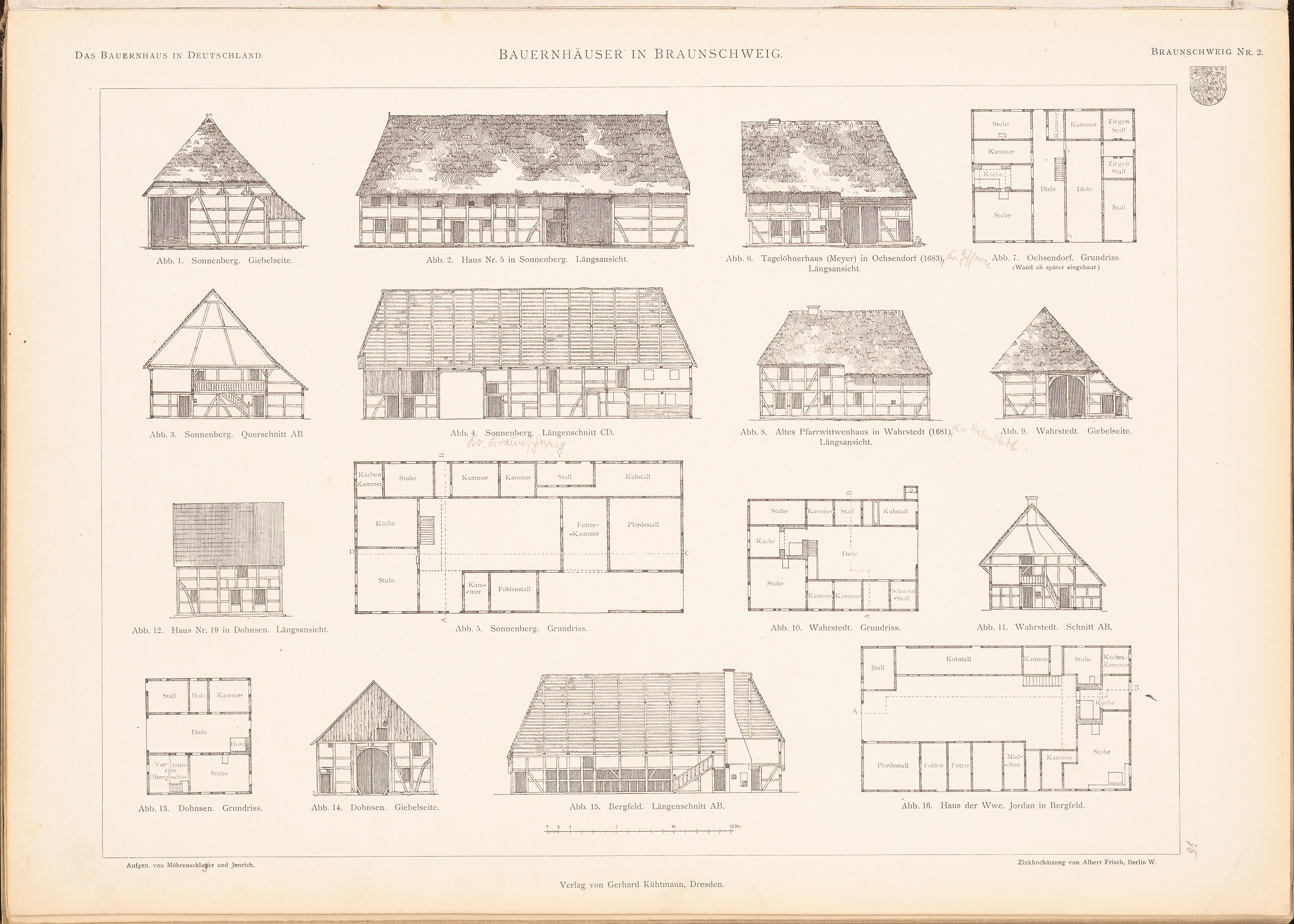 Ein offenes altes Buch mit detaillierten Architekturhausplänen und begleitendem Text.