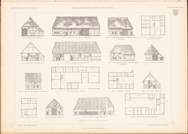 Ein offenes altes Buch mit detaillierten Architekturhausplänen und begleitendem Text.