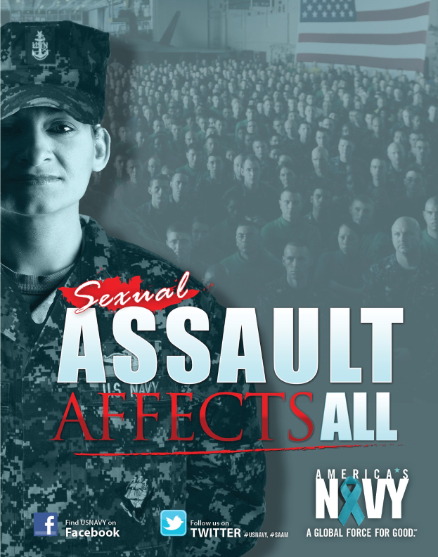 Ein Plakat mit einer Frau in Militäruniform vor einer Menge, mit einer Flagge im Hintergrund und dem Text "Sexueller Missbrauch Betrifft Alle."