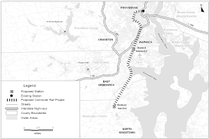 Eine Schwarz-Weiß-Karte einer Stadt mit einem Fluss, die ein vorgeschlagenes Nahverkehrsprojekt auf der linken Seite zeigt, detailliert mit Straßen, Autobahnen und anderen Stadtmerkmalen.