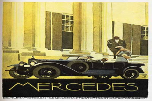 Vintage-Plakat aus den 1920er-Jahren von Mercedes-Benz mit einem klassischen Auto vor einem modernen Glasgeb├Ąude, mit zwei Personen im Auto und fetter schwarzer Schrift, die 'Mercedes-Benz' unten lesen.