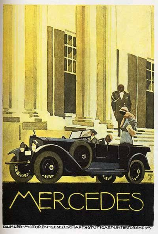 Vintage-Plakat aus den 1920er-Jahren von Mercedes-Benz mit einem klassischen Auto vor einem modernen Glasgeb├Ąude, mit zwei Personen im Auto und fetter schwarzer Schrift, die 'Mercedes-Benz' unten lesen.