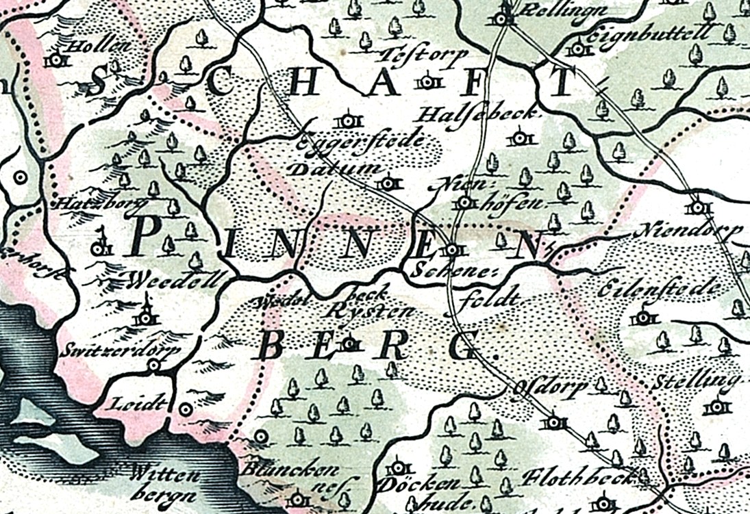 Detailiertes altes Stadtplan von Painen, Deutschland, mit Straßen, Gebäuden und Sehenswürdigkeiten sowie begleitendem Text über Bevölkerung, Straßen und bemerkenswerte Merkmale.