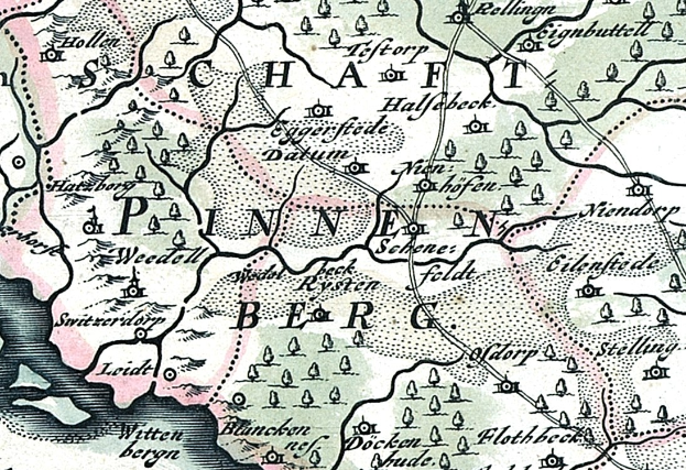 Detailiertes altes Stadtplan von Painen, Deutschland, mit Straßen, Gebäuden und Sehenswürdigkeiten sowie begleitendem Text über Bevölkerung, Straßen und bemerkenswerte Merkmale.