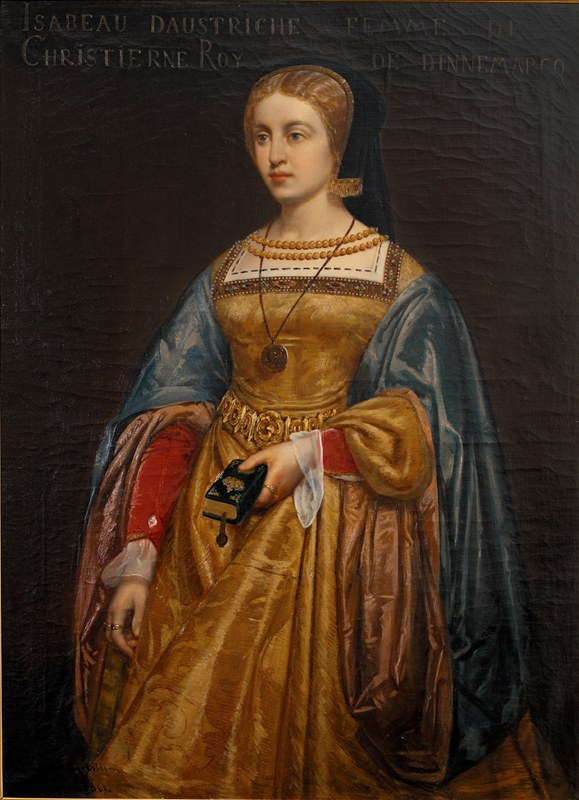 Gemälde von Isabella daustriche in einem goldenen Kleid mit detailreichen Verzierungen, ihr Haar zu einem ordentlichen Knoten gebunden, mit einer majestätischen und würdevollen Ausstrahlung und einem friedlichen Gesichtsausdruck.