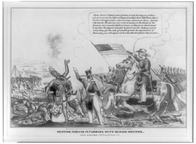 Schwarzes und weißes Bild einer Gruppe von Menschen, einige auf Pferden, mit einer Flagge im Hintergrund und Text, der unten 'Indianerjagd in Florida mit Bluthunden' lautet.