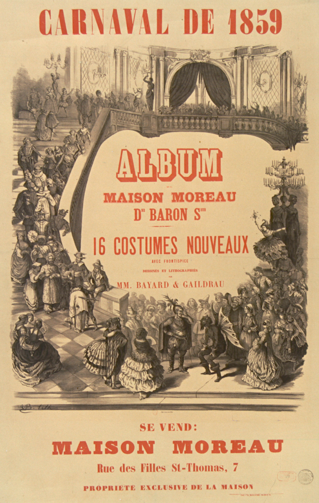 Ein Vintage-Plakat für den Karneval von 1859, das eine Gruppe von Menschen in farbenfrohen Kostümen mit beschreibendem Text zeigt.