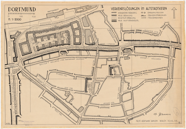 Ein detailliertes altes Stadtplan von Dortmund, Deutschland, das Stra├čen, Geb├Ąude und Landmarken mit Textanmerkungen zeigt.