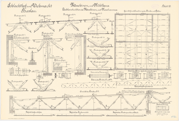 Ein detailliertes Blaupause-Zeichnung einer Eisenbahnbrücke, die strukturelle Komponenten wie Trägern und Balken mit begleitenden Textanmerkungen zeigt.