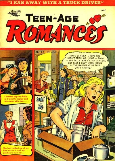 Ein farbenfroher DC-Comics-Plakat titled 'Teen-Age Romances 23-A', der eine Gruppe von Menschen in einer fröhlichen, romantischen Umarmung mit fetter Schrift und leuchtenden Farben zeigt.