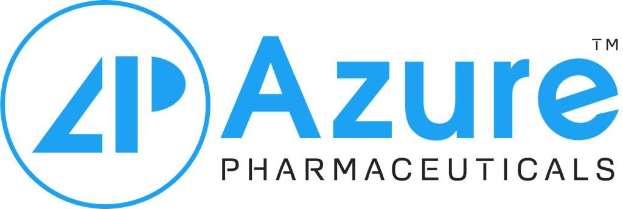 Logo der Azure Pharmaceuticals: Unternehmensname in fetter schwarzer Schrift innerhalb eines blauen Kreises mit weißer Umrandung auf weißem Hintergrund.