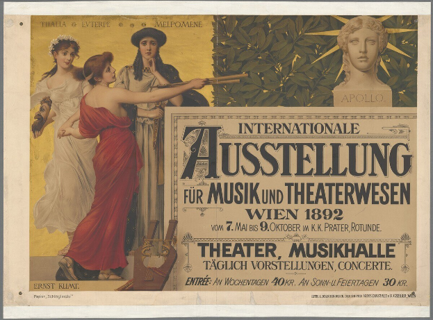 Plakat für die Internationale Ausstellung für Musik und Theaterwesen in Wien, Österreich, das eine Gruppe von Menschen in einem Kreis mit einer Frau, die ein Musikinstrument hält, in der Mitte zeigt und Text, der Event-Details bereitstellt.