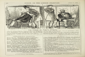 Ein altes Buch zeigt eine Illustration von einem Mann in einem Stuhl mit ernster Miene und einer Frau daneben, die nachdenklich aussieht, mit der Aufschrift "Die Macht der öffentlichen Meinung" auf der Seite.