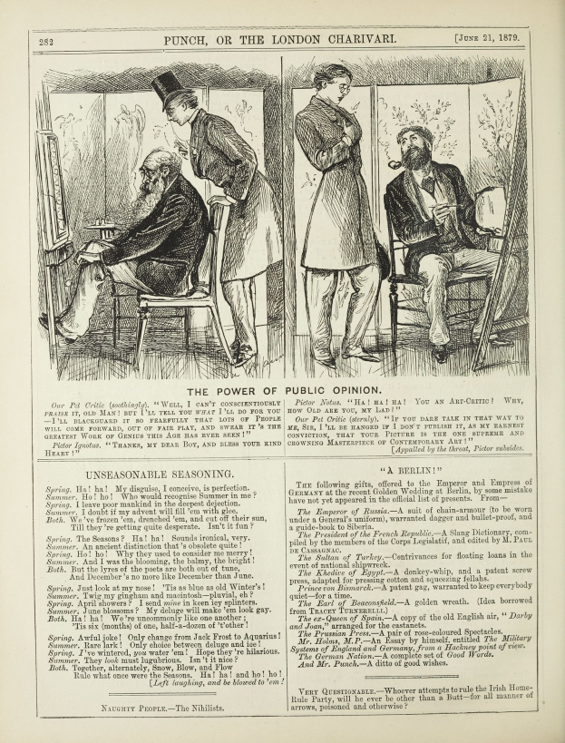Ein altes Buch zeigt eine Illustration von einem Mann in einem Stuhl mit ernster Miene und einer Frau daneben, die nachdenklich aussieht, mit der Aufschrift "Die Macht der öffentlichen Meinung" auf der Seite.