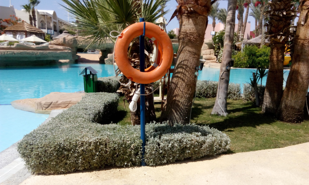 Ein Schwimmbad mit einem Schwimmreif im Zentrum, umgeben von grünem Gras, Pflanzen und Bäumen, mit Gebäuden, Sonnenschirmen und einem klaren blauen Himmel im Hintergrund.