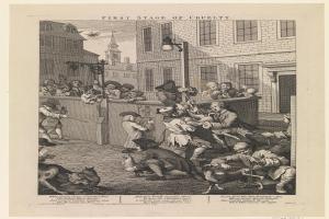 Eine Gruppe von Menschen und Tieren versammelt sich um ein Gebäude mit Fenstern und einem Laternenpfahl, mit dem Text "Erste Stufe der Grausamkeit" unten.